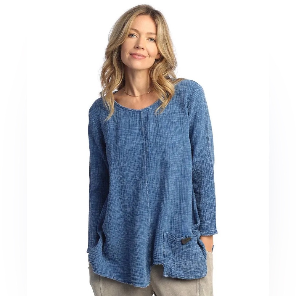 jess & jane Mineral Washed Gauze Tunic Top with‎ Pocket Relaxed Boxy 3/4 Sleeve